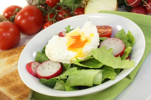 colorful mixed salad with poached egg