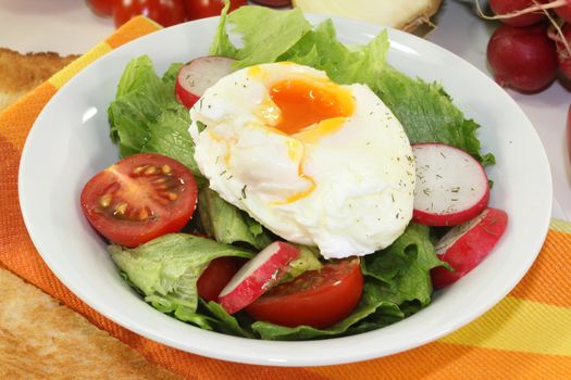 colorful mixed salad with poached egg