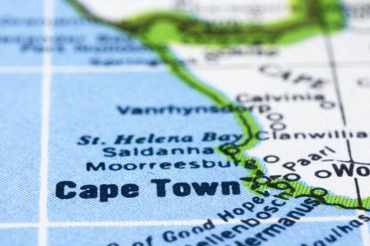 a close up shot of Cape Town on map, south africa.