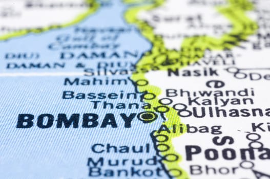 A close up shot of Bombay on map, city of india