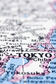 a close up shot of tokyo on map, capital of japan