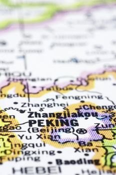 a close up shot of Peking (old name of Beijing) on map, city of china. 