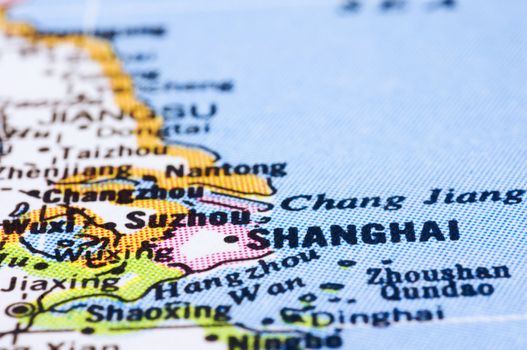 a close up shot of shanghai on map, city of china.