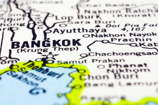 a close up shot of bangkok on map, capital of Thailand.