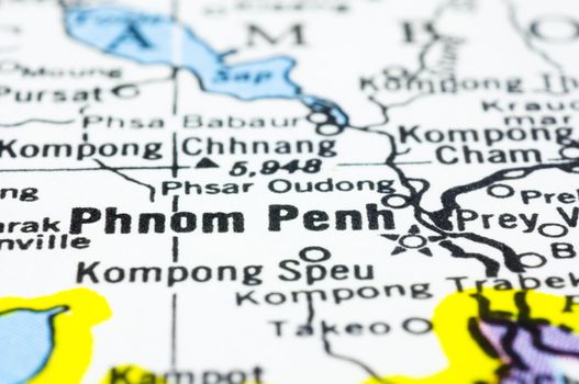 a close up shot of Phnom Penh on map, capital of Cambodia.