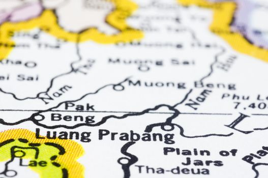 a close up shot of Luang Prabang on map, Laos.