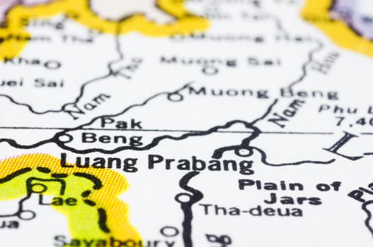 a close up shot of Luang Prabang on map, Laos.