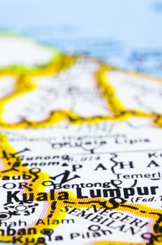 a close up shot of kuala lumpur on map, capital city of Malaysia