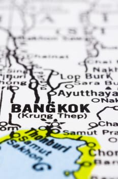 a close up shot of bangkok on map, capital of Thailand.