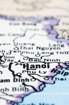 a close up shot of Hanoi on map, capital of vietnam.