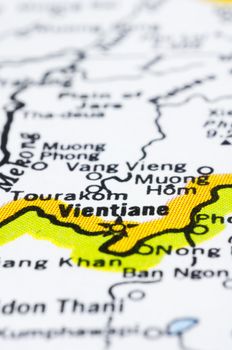 a close up of Vientiane on map, capital of Laos.