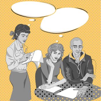 Pop art hand drawn illustration of a three people conversation in a cozy restaurant with comics style speech bubbles