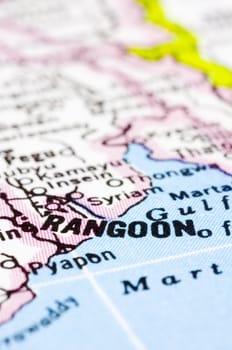 a close up shot of Rangoon or Yangon on map, former capital of Myanmar.