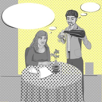 Pop art hand drawn illustration of two people conversation in a cozy restaurant with comics style speech bubbles