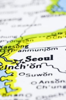 Close up of Seoul on map, capital city of South Korea.
