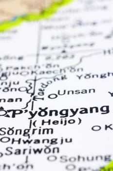close up of Pyongyang on map, capital city of North Korea.