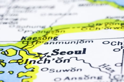 Close up of Seoul on map, capital city of South Korea.