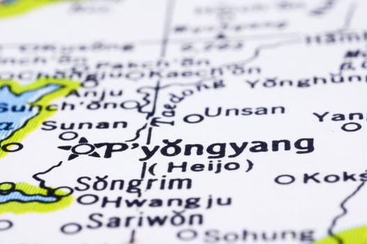 close up of Pyongyang on map, capital city of North Korea.