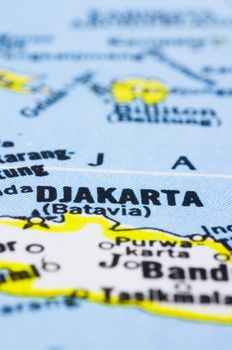 a close up shot of Jakarta on map, capital of Indonesia.