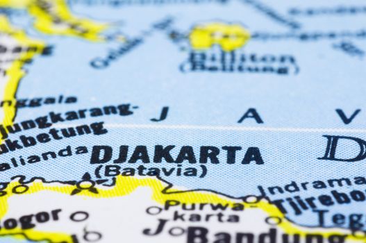 a close up shot of Jakarta on map, capital of Indonesia.