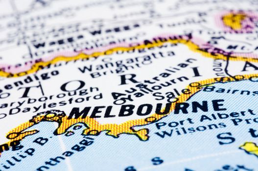 a close up shot of Melbourne on map, Australia.