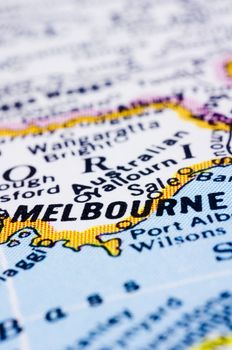 a close up shot of Melbourne on map, Australia.