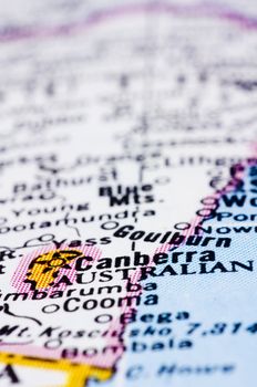 a close up shot of Canberra on map, capital city of australia.

