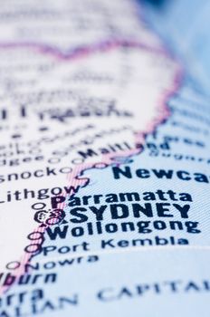 a close up shot of Sydney on map, australia.