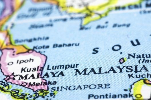 Malaysia close up on map, southeast asia countries.


