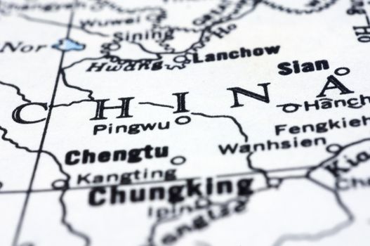 china close up on map, asia country.