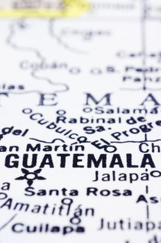 a close up shot of Guatemala city on map, Guatemala, central america.