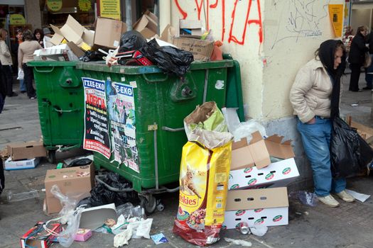 THESSALONIKI, GREECE - OCTOBER 20: 3 Weeks long garbage men strike afflicts the city of Thessaloniki on October 20, 2011 in Thessaloniki, Greece. Filled with piles of garbage is all over the city.