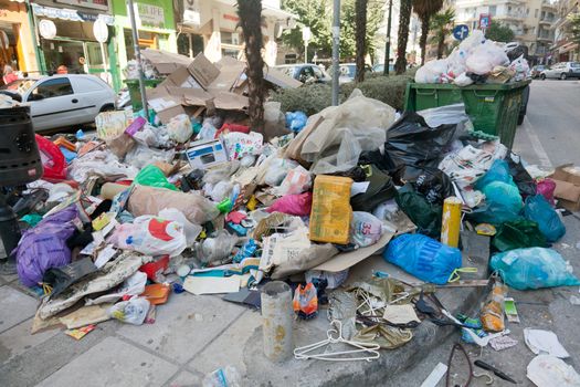 THESSALONIKI, GREECE - OCTOBER 20: 3 Weeks long garbage men strike afflicts the city of Thessaloniki on October 20, 2011 in Thessaloniki, Greece. Filled with piles of garbage is all over the city.