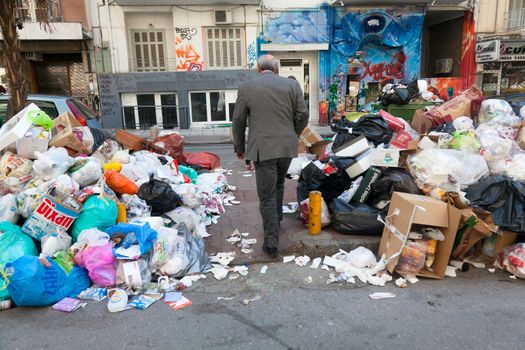 THESSALONIKI, GREECE - OCTOBER 20: 3 Weeks long garbage men strike afflicts the city of Thessaloniki on October 20, 2011 in Thessaloniki, Greece. Filled with piles of garbage is all over the city.
