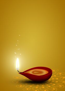 Shubh Diwali Illustration: red diya (a cup-shaped indian oil lamp) with an indian ornamental mandala and the greeting written in Sanskrit.