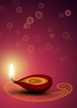 Happy Diwali Illustration: red diya (a cup-shaped indian oil lamp) with an indian ornamental mandala and a paisley on a beautiful bokeh background.