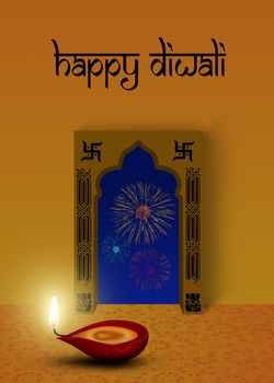 Happy Diwali Illustration: red diya (a cup-shaped indian oil lamp) in front of an indian ornamental window with fireworks outside.