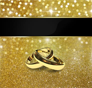 Elegant and luxurious gold design illustration: 2 golden wedding rings on a gold glitter and bokeh background with sparkling 
bright stars.