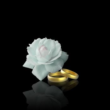 Elegant wedding design illustration: A white rose and 2 golden wedding rings on a black background.