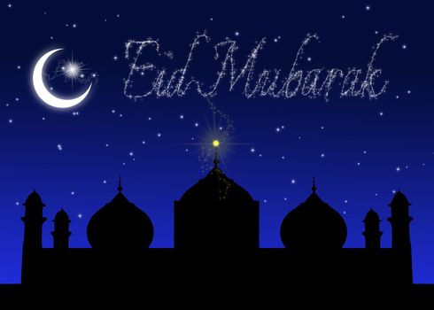 Eid Greeting illustration: Eid Mubarak lettering made with glowing stars, Moon with big star and a mosque silhouette on a 
night sky background.