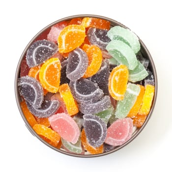 Colorful Jelly Candies in tin can, on white background