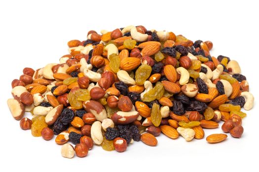 Mixture of nuts and raisins, on white background