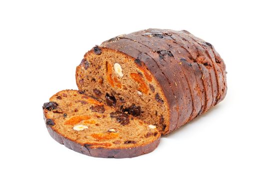 Bread with nuts and raisins, on white background