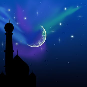 Eid illustration with a magical evening sky scene: silhouette of a mosque on a blue night sky with shiny stars and moon.