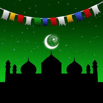 Eid illustration with a festive and colorful garland in a magic night scene with a mosque silhouette and the moon and stars
on a green night sky.