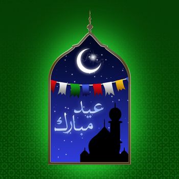 Eid illustration with a festive night scene: a colorful garland, the moon and stars and a silhouette of a mosque displayed in
an arabic window on a green patterned background.