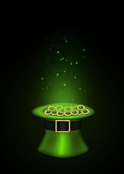 A magical St. Patrick´s Day illustration: Green top hat full with golden shamrock coins which are sparkling on a black background.