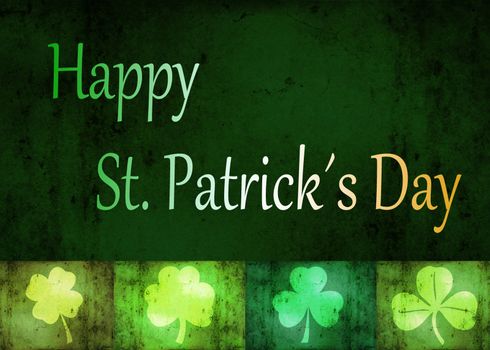 A St. Patrick´s Day illustration: 4 different shamrock shapes and "Happy St. Patrick´s Day" letters in the irish flag colours
on a grungy green background.