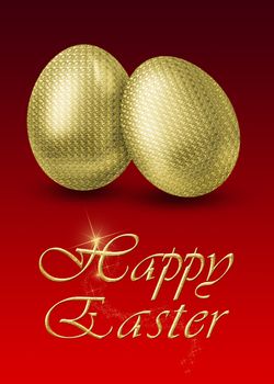 Glamourous illustration with 2 golden easter eggs on a red background.