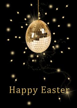 A glamourous easter illustration: a hanging disco ball in a shape of an easter egg with shiny golden sequins on a black background.
